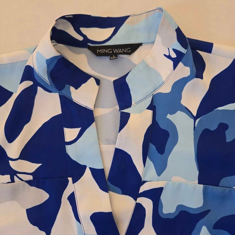 Ming Wang Womens Floral Print Crepe de Chine Shift Dress Blue White Large - Picture 10 of 11